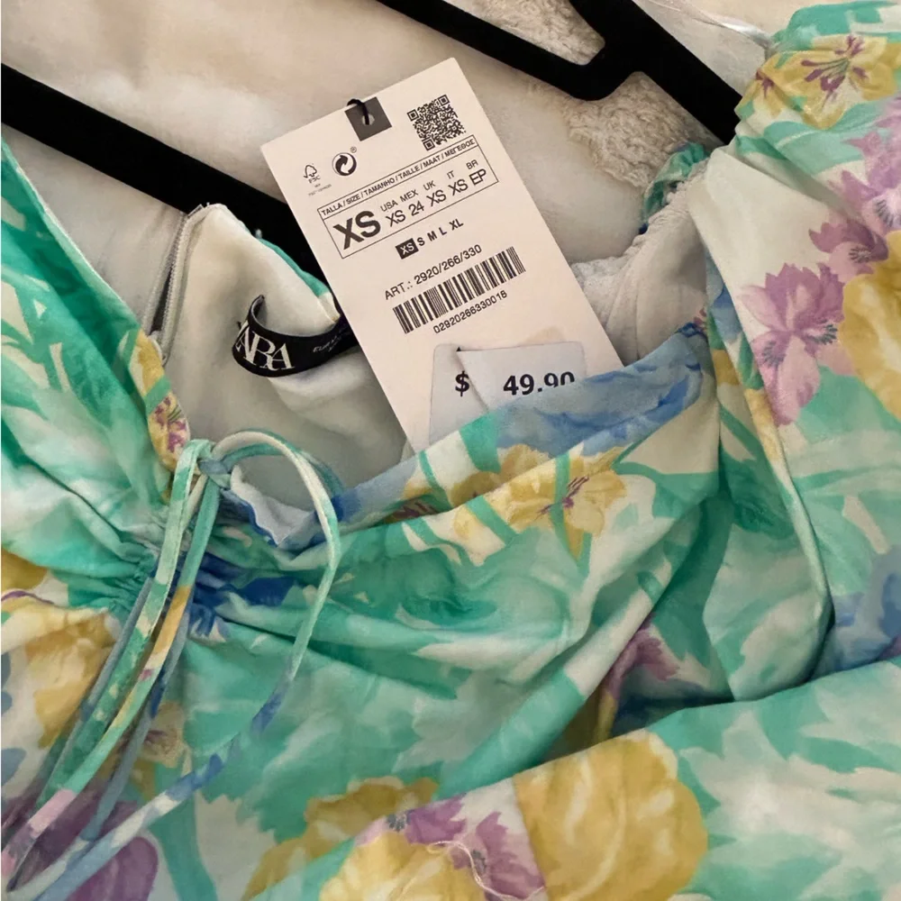 *NWT* Zara Off The Shoulder Printed Neon Multicolor Watercolor Dress; size XS - Picture 3 of 5